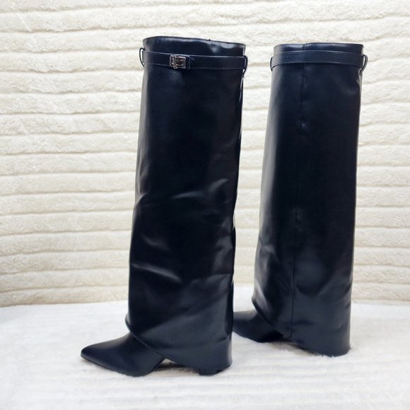 Paris Black Skirted Fold Over 3.5" Block Heel Knee High Boots - Picture 11 of 11